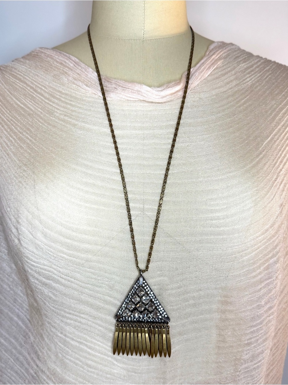 J.CREW Art Deco Triangle Fringe Pendant Necklace - Antique Gold Toned OS